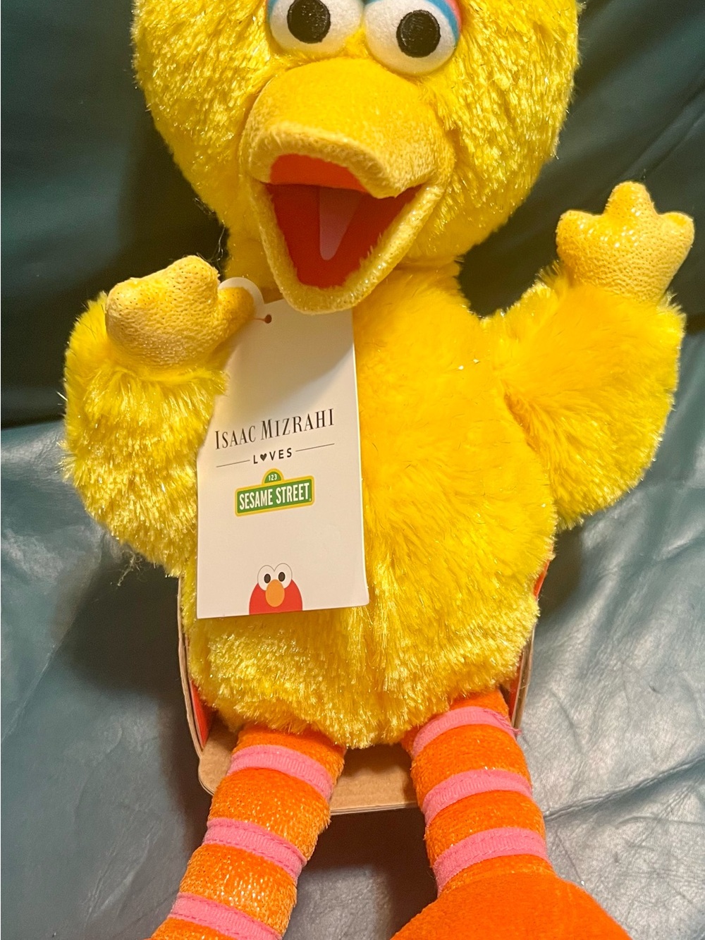 Isaac Mizrahi Yellow Big Bird Plush with Orange & Pink Striped Legs